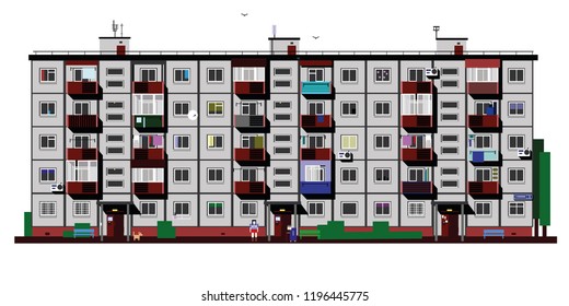 Vector image of the 5th floor of a building made of panels. Such houses were built in Russia and the CIS countries in the years 1960-1980. Typical project.
In the picture you can remove the decor