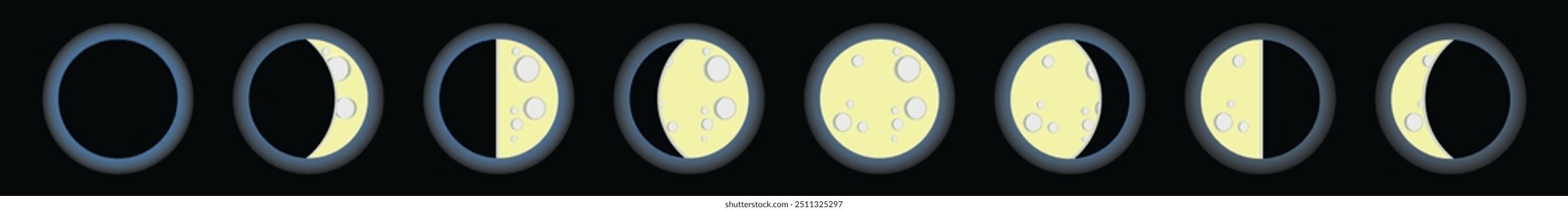 Vektorbild von 8 Mondphasen. Bestehend aus Neumond, wachsender Halbmond, erstes Viertel, wachsender Gibbous, Vollmond, abnehmender Gibbous, drittes Viertel, abnehmender Halbmond