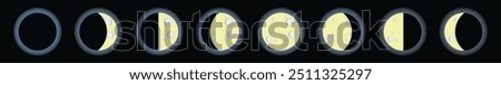 Vector image of 8 phases of the moon. Consisting of new moon, waxing crescent, first quarter, waxing gibbous, full moon, waning gibbous, third quarter, waning crescent