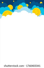 Vector image for A4 form for printing with the image of clouds and gold coins.