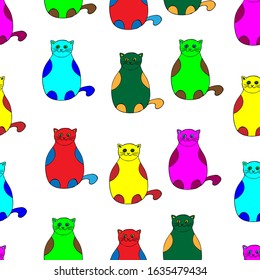 Vector image. Abstract bright pattern in the form of multi-colored cats. Design of covers, cards, prints of clothes, wrapping paper.