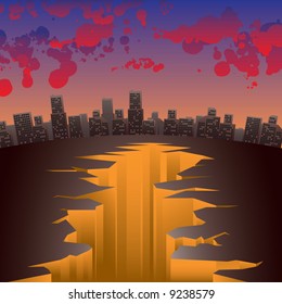 Vector image of abstract city with crack and bloody clouds