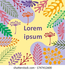 A vector image of an abstract creative template of a background with floral motif for design text, label, packaging, postcard, backdrop or tag