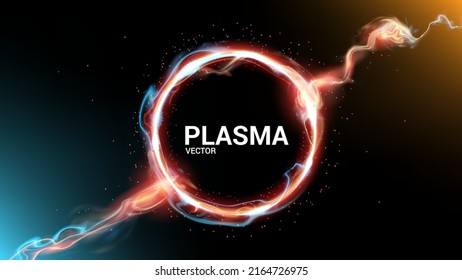 Vector image. Abstract energy ring of fiery plasma on a dark background. Lightning effect and blurred neon glow. Place to place text.