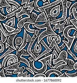 Vector image of abstract ethnic patterns of various shapes on a blue background. The pattern element is hidden under the mask and is editable.