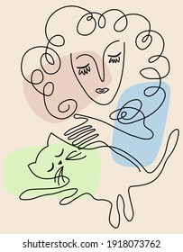 Vector image abstract face line drawing. Portrait minimalistic style woman with closed eyes an a cat. Surrealistic line drawing abstract face. Modern continuous line art