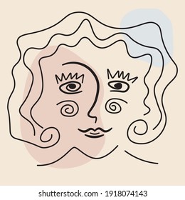 Vector image abstract face line drawing. Woman with open eyes line portrait minimalistic style. Surrealistic line drawing abstract face. Modern continuous line art