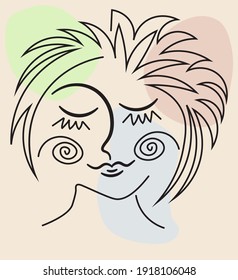 Vector image abstract face line drawing. Portrait of smiling young woman with shut eyes minimalistic style. Surrealistic line drawing abstract face. Modern continuous line art