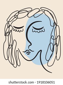 Vector image abstract face line drawing. Woman with closed eyes portrait minimalistic style. Surrealistic line drawing abstract face. Modern continuous line art