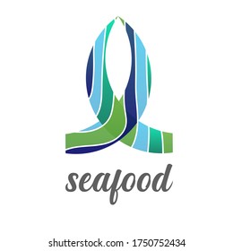 Vector image of an abstract fish silhouette sign with wavy white, blue and green lines. Logo template, identity, icon for fresh seafood restaurant, fish company.