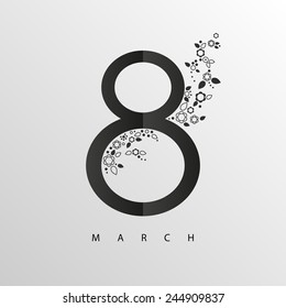 Vector image of abstract floral greeting card with 8 March. Trendy Design Template.