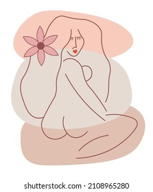 Vector image abstract lineart woman red lips with flower in her hair