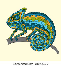 vector image abstract multicolored mosaic chameleon, reptiles, iguanas, lizards, drawn by hand, pencil, pen. Chameleon sitting on a branch