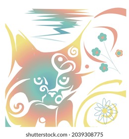 Vector image of an abstract painting of a cat and flowers. Ready-made picture for print and fabric.