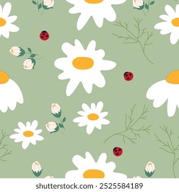 Vector image, abstract pattern in calm colors, simple objects: daisy, bud, stem and red insect.