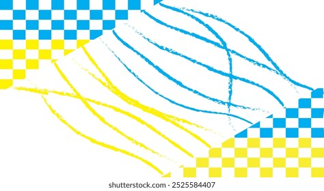 Vektorbild, abstraktes Muster in gelb-blauen Farben, einfache quadratische Objekte und mit Farbe gezeichnete Linien.