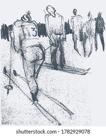 Vector image of abstract people silhouettes skiing outdoors