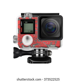 Vector image of action camera with red wild style graffiti sticker. Go videocamera pro in waterproof box.
