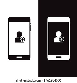 Vector image. Add new contact icon. Basic black solid icon.