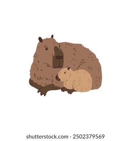 Vector image of an adult capybara lying with a baby on an isolated background. Ideal for cards, wrapping paper, fabric designs and children's parties. Flat cartoon style.