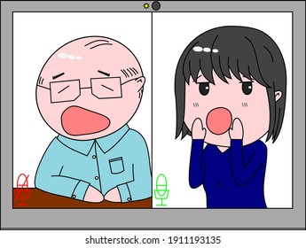 Vector image of adult daughter talking to her elderly father with a video call, he is talking but has his microphone off and she is trying to tell him. View is of the two of them on a laptop screen.