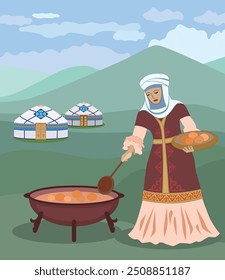 Vector image of an adult woman in a Kazakh national costume. Preparing festive treats for Nauryz