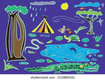 Vector image of Africa at night on a purple background with baobabs, a native, a hut, and a lake.