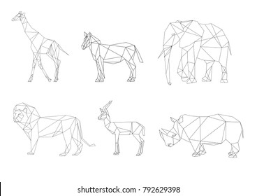 Vector image African animals with lines. Set of geometric low poly illustrations