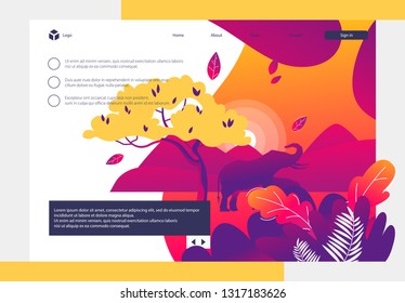 Vector image of African landscape, Safari, tree with leaves, elephant silhouette, African motif, plants in the foreground