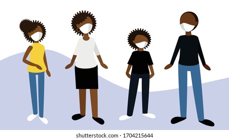 Vector image with an afro american family in medical masks. The illustration contains people of different ages - children, adolescents, adults.  Image can be used for medical information sites