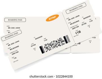 Vector image of airline boarding pass ticket with QR2 code. Isolated on white. Vector illustration