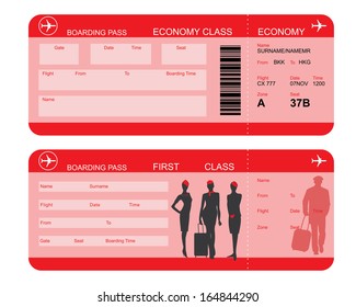 Vector image of airline boarding pass tickets with barcode and flight attendant silhouettes