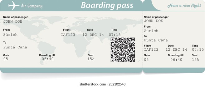 Vector image of airline boarding pass ticket with QR2 code. Isolated on white. Vector illustration