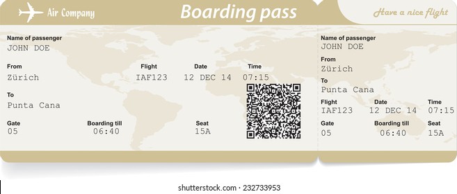 Vector image of airline boarding pass ticket with QR2 code. Isolated on white. Vector illustration