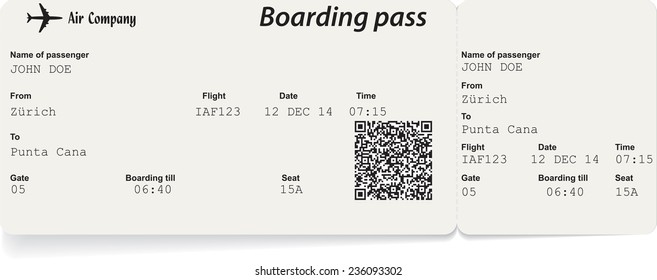 Vector image of airline boarding pass ticket with QR2 code. Isolated on white. Vector illustration