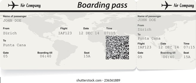 Vector image of airline boarding pass ticket with QR2 code. Isolated on white. Vector illustration