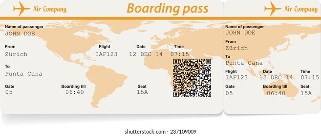 Vector image of airline boarding pass ticket with QR2 code. Isolated on white. Vector illustration