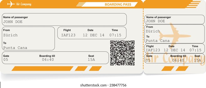 Vector image of airline boarding pass ticket with QR2 code. Isolated on white. Vector illustration