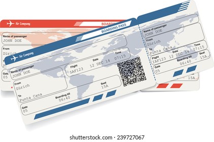 Vector image of airline boarding pass ticket with QR2 code. Isolated on white. Vector illustration