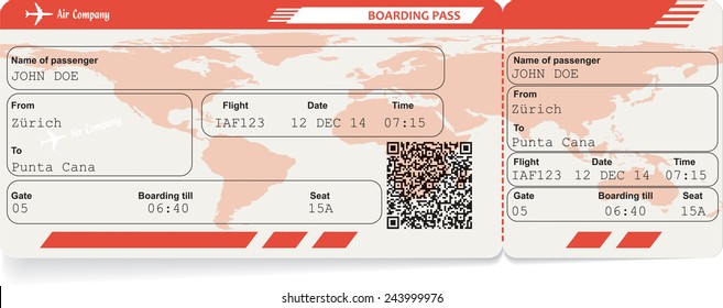 Vector image of airline boarding pass ticket with QR2 code. Isolated on white. Vector illustration