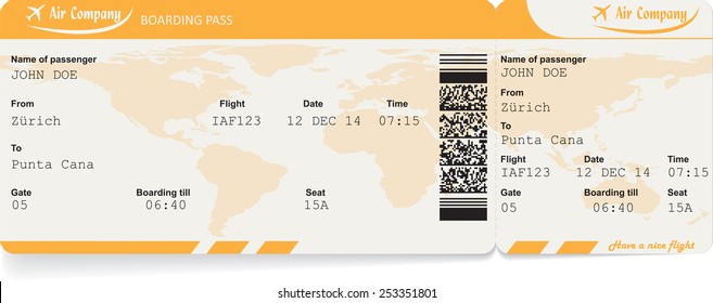 Vector image of airline boarding pass ticket with QR2 code. Isolated on white. Vector illustration