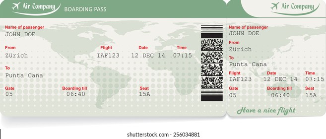 Vector image of airline boarding pass ticket with QR2 code. Isolated on white. Vector illustration