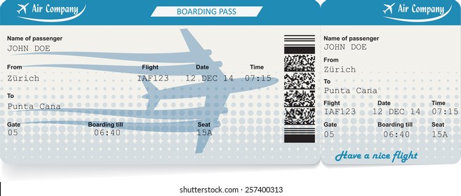 Vector image of airline boarding pass ticket with QR2 code. Isolated on white. Vector illustration