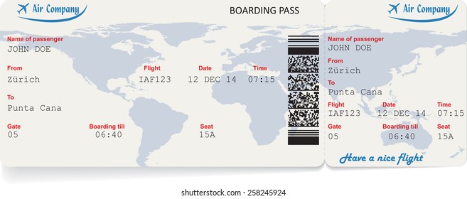 Vector image of airline boarding pass ticket with QR2 code. Isolated on white. Vector illustration