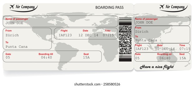 Vector image of airline boarding pass ticket with QR2 code. Isolated on white. Vector illustration