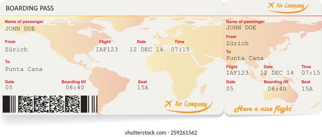 Vector image of airline boarding pass ticket with QR2 code. Isolated on white. Vector illustration