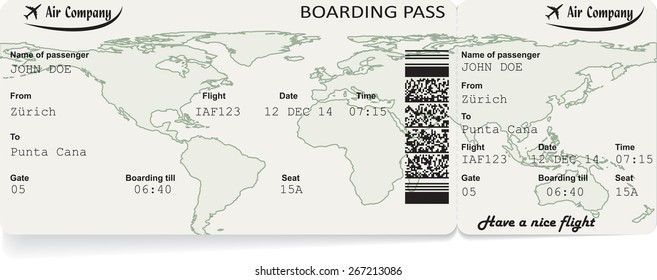 Vector image of airline boarding pass ticket with QR2 code. Isolated on white. Vector illustration