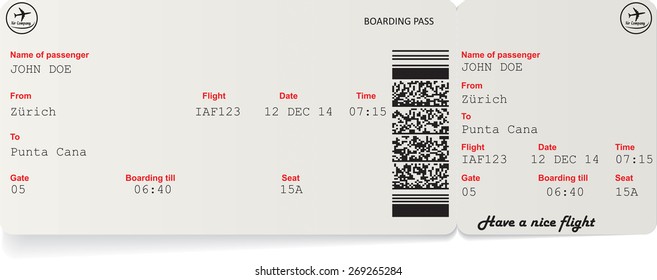 Vector image of airline boarding pass ticket with QR2 code. Isolated on white. Vector illustration