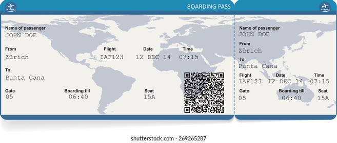 Vector image of airline boarding pass ticket with QR2 code. Isolated on white. Vector illustration