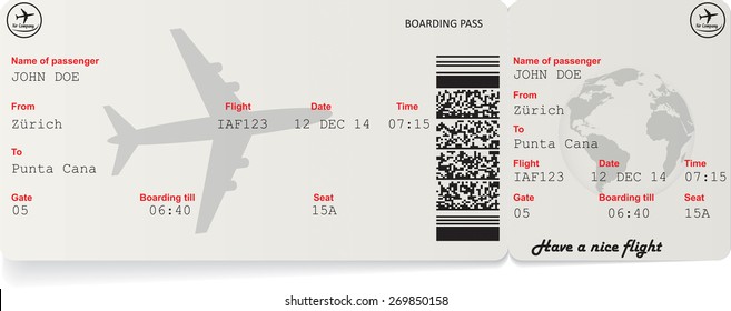 Vector image of airline boarding pass ticket with QR2 code. Isolated on white. Vector illustration